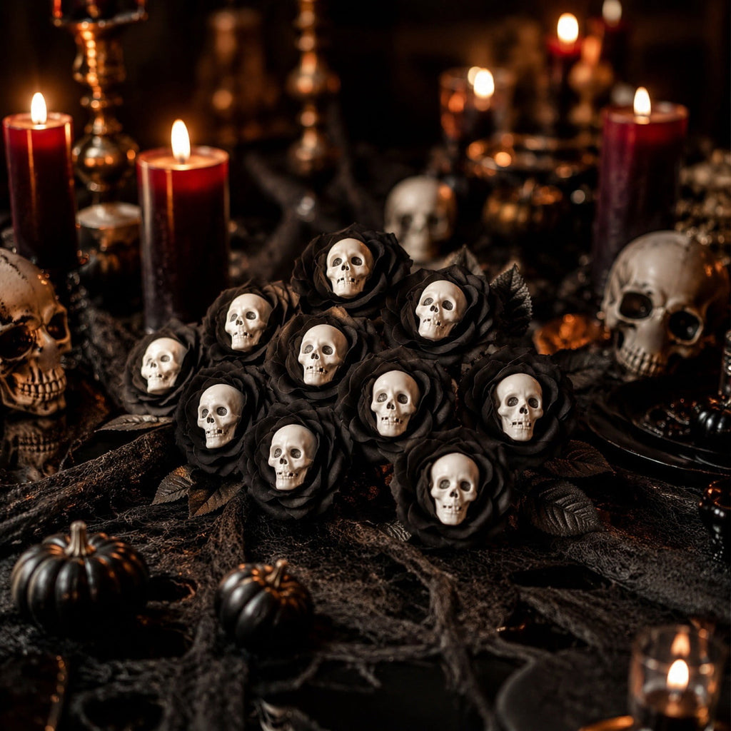 Halloween Artificial Rose Flower with Skull Head, Fake Silk Rose Bouquet, Red or Black Roses with Mini Skull