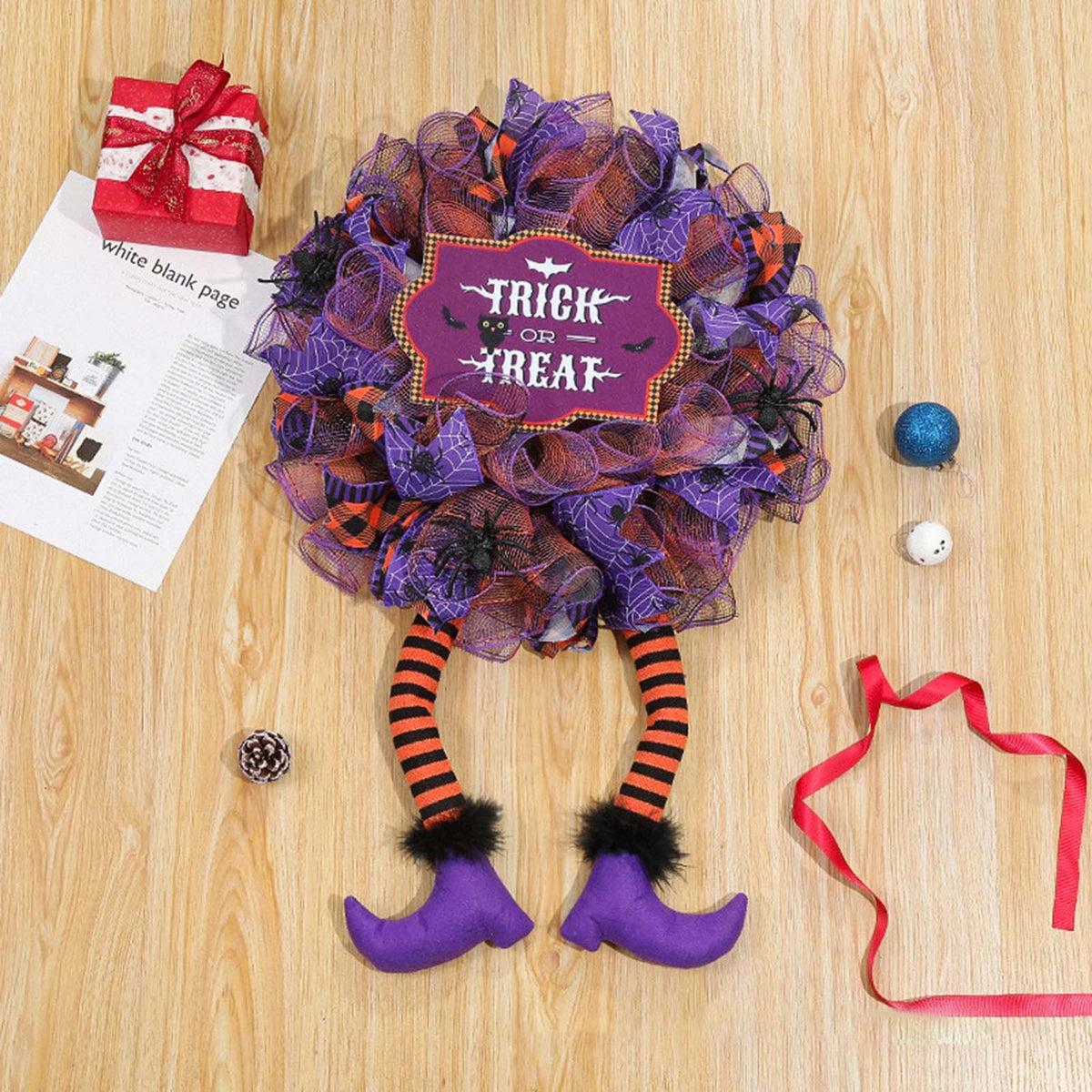 Halloween Wreath with Witch Legs,Purple Door Hanging Garland Front Door Wall Decorations Witch Garland