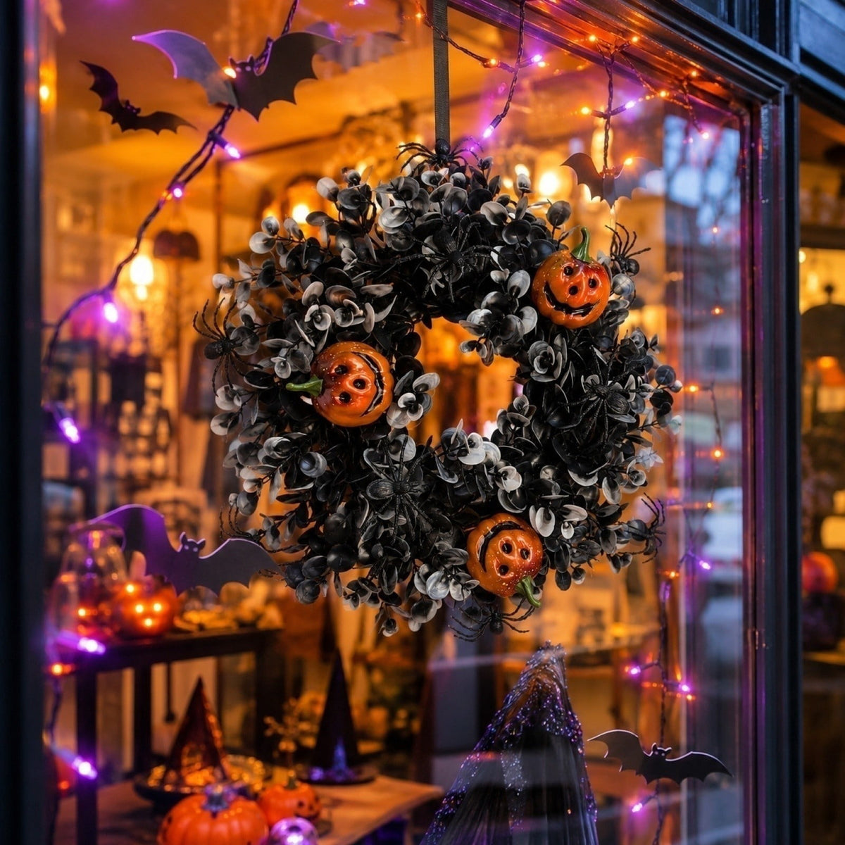 12 Inch Black Eucalyptus Halloween Wreath, Artificial Floral Door Wreath with Pumpkin Cutouts for Front Porch Indoor Door Halloween Party Gothic Home Decor