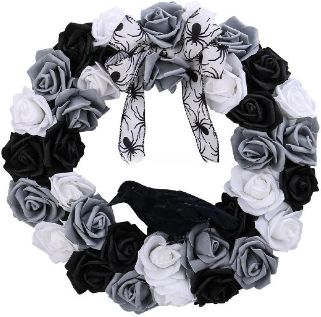 Halloween Decorative Wreath with Crow Roses Lights,13.7" Black White Flowers Gothic Garland for Wedding,Creepy Decor Pendant,Wreath for Front Door Porch Window, Indoor Outdoor Home Halloween Decor