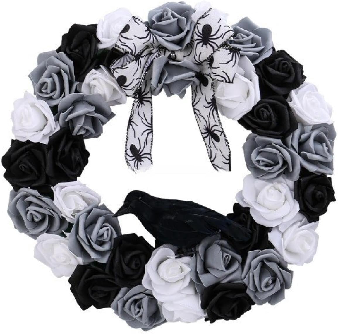 Halloween Decorative Wreath with Crow Roses Lights,13.7" Black White Flowers Gothic Garland for Wedding,Creepy Decor Pendant,Wreath for Front Door Porch Window, Indoor Outdoor Home Halloween Decor