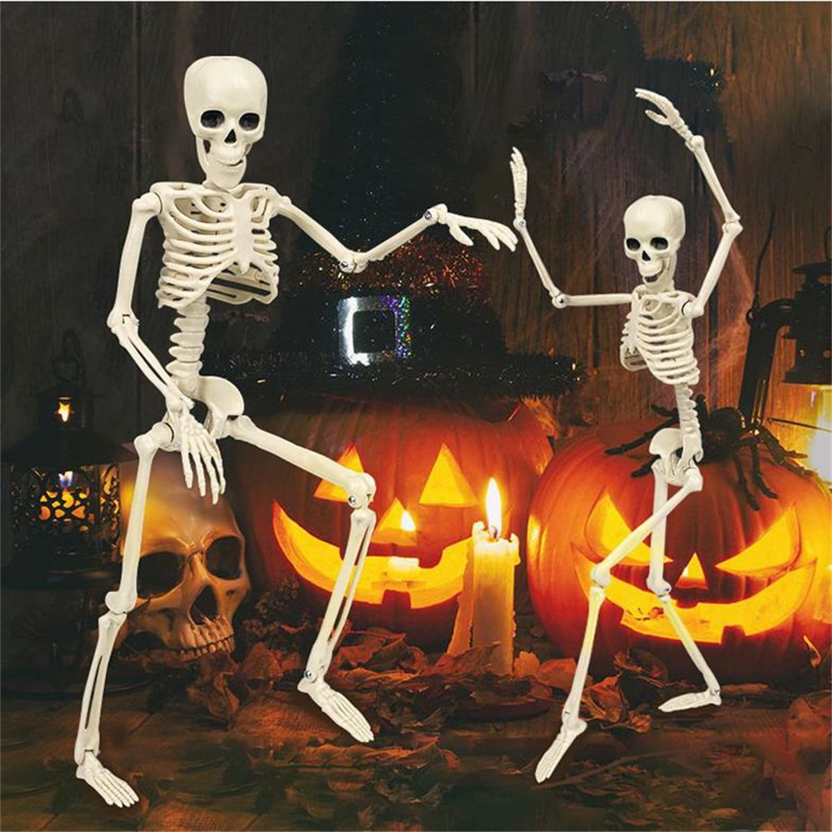 Coollooc Skeleton Halloween Decorations, 1.3Ft Realistic Full Body Movable Posable Joints Skeleton, Plastic Skeleton Decors for Halloween Party Haunted House Yard Supplies(A)