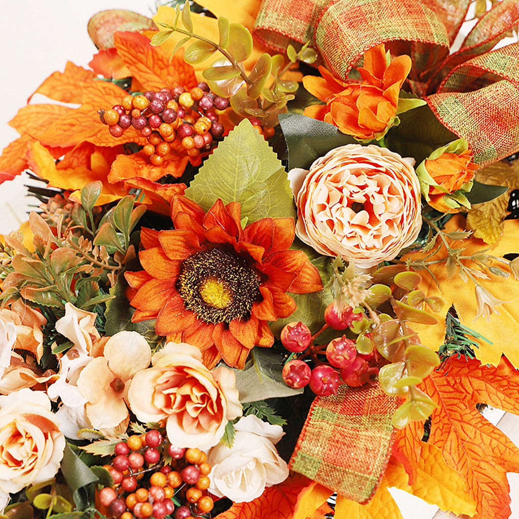 Artificial Fall Harvest Teardrop Swag for Front Door Thanksgiving Teardrop Wreath with Maple Leaves Berry Autumn Floral Swag for Home Wall(No Light,19.7Inch )