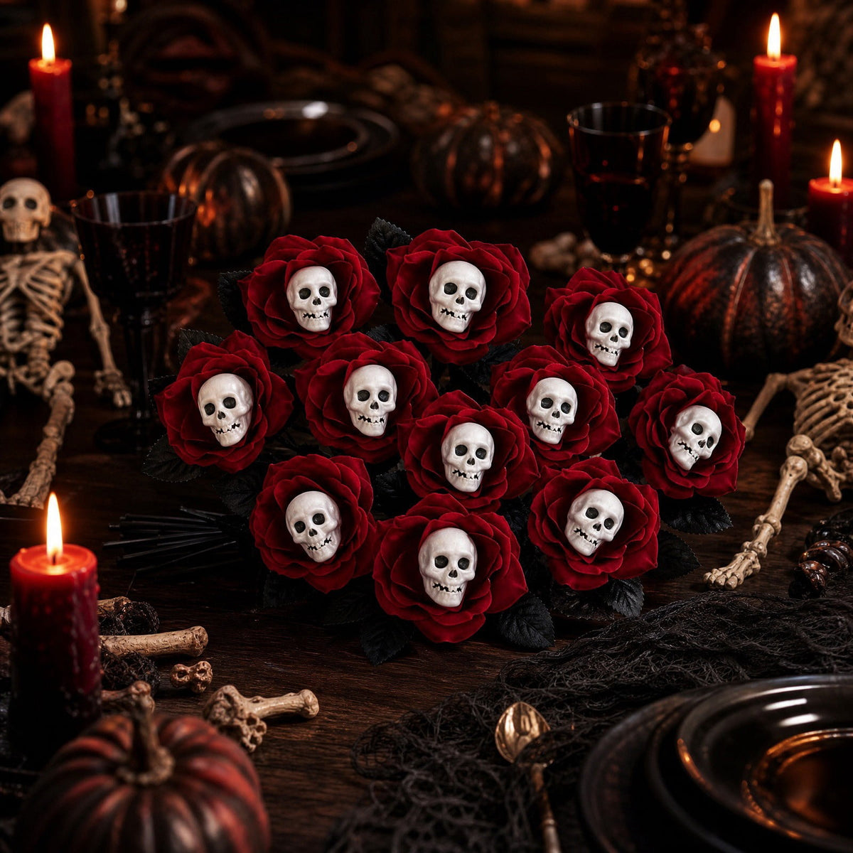 Halloween Artificial Rose Flower with Skull Head, Fake Silk Rose Bouquet, Red or Black Roses with Mini Skull