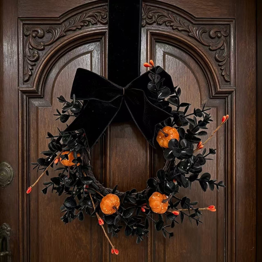 XEAZON 1/2/4 Pcs Halloween Wreaths 9" Artificial Hallowee Wall Cabinet Decor Mini Wreath with Pumpkin and Velvet Bow, Gothic Kitchen Cabinet Wreaths for Front Door Cabinets Window Wall Holiday Decor
