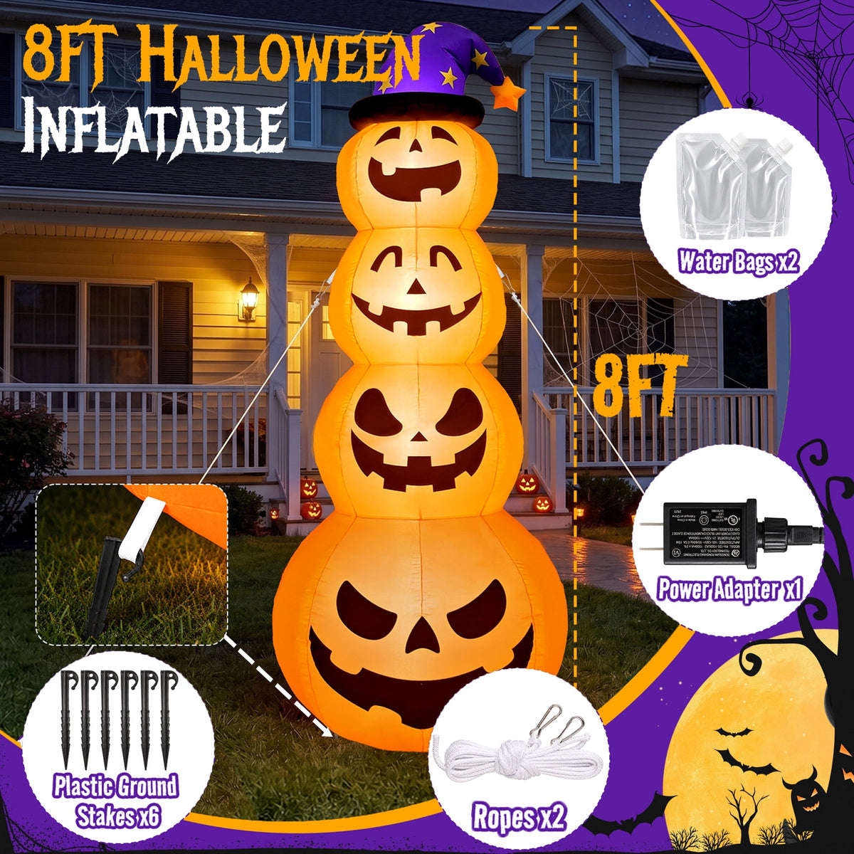 Qunler 8ft Halloween Pumpkin Stack Inflatable Decoration with Witch Hat, Polyester Material Lighted Blow up Yard Decor for Outdoor Lawn Garden
