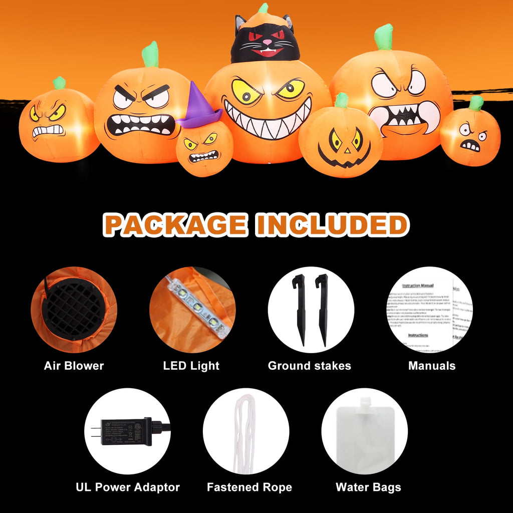 Halloween Inflatables Outdoor, 8FT Long Cute & Lighted Blow Up Decoration Pumpkin Family with Witch Hat, Large Halloween Inflatables Decorations with Lights for Yard, Holiday, Home