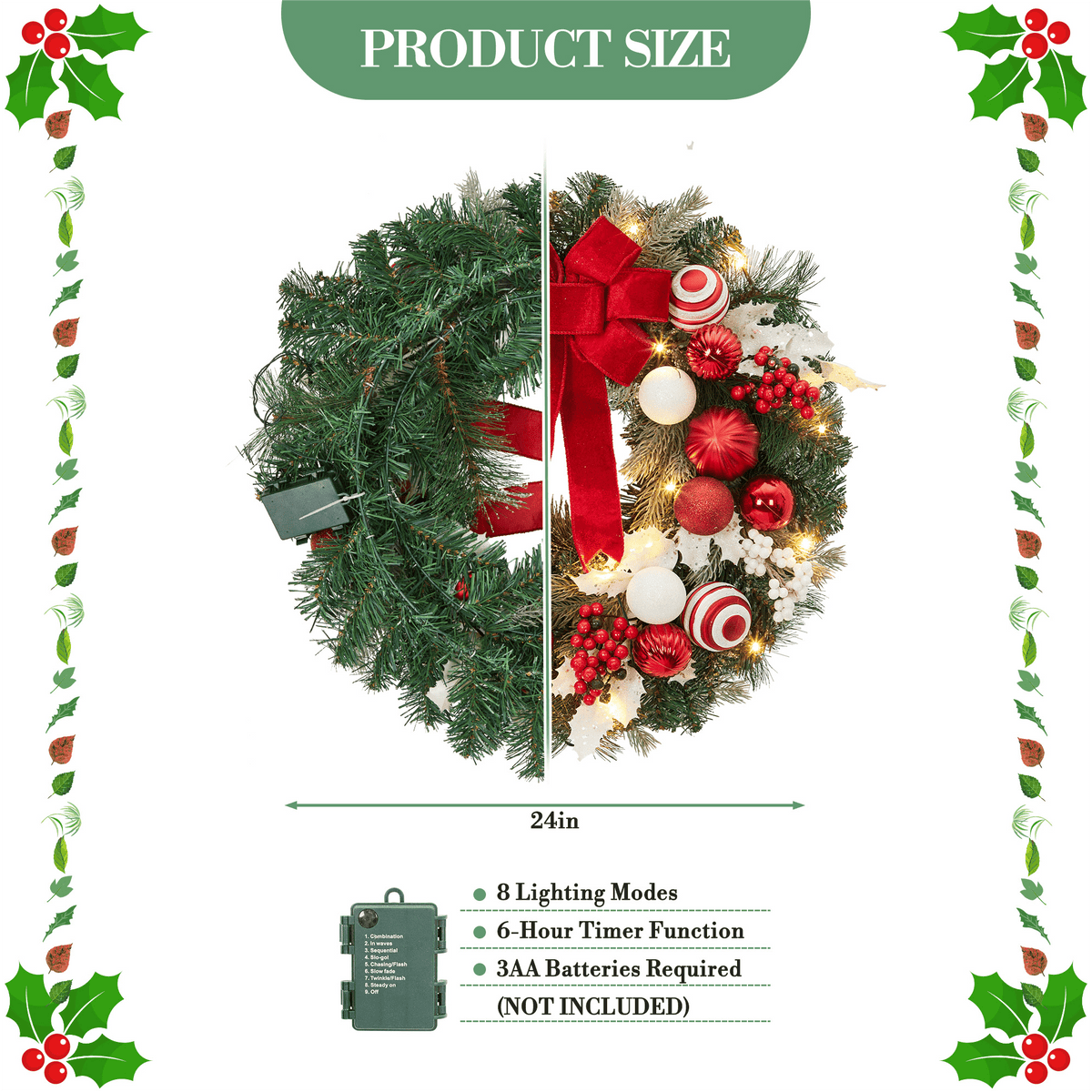 JoanKaren 24 inch Large Christmas Wreath Silver White with 20 LED Lights,Prelit Xmas Wreath w/ Ball Ornaments Pine Cone