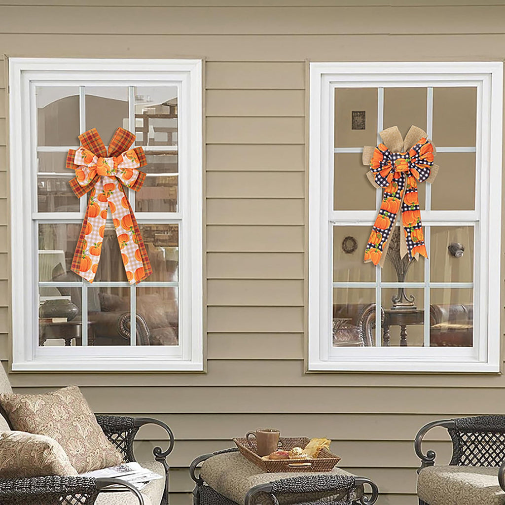Large Thanksgiving Fall Bow For Wreaths Decorations For Home, Halloween Tree Topper Bow, Pumpkin Bow With Orange Buffalo Plaid Burlap For Front Door Wreath Home Indoor Outdoor Decor