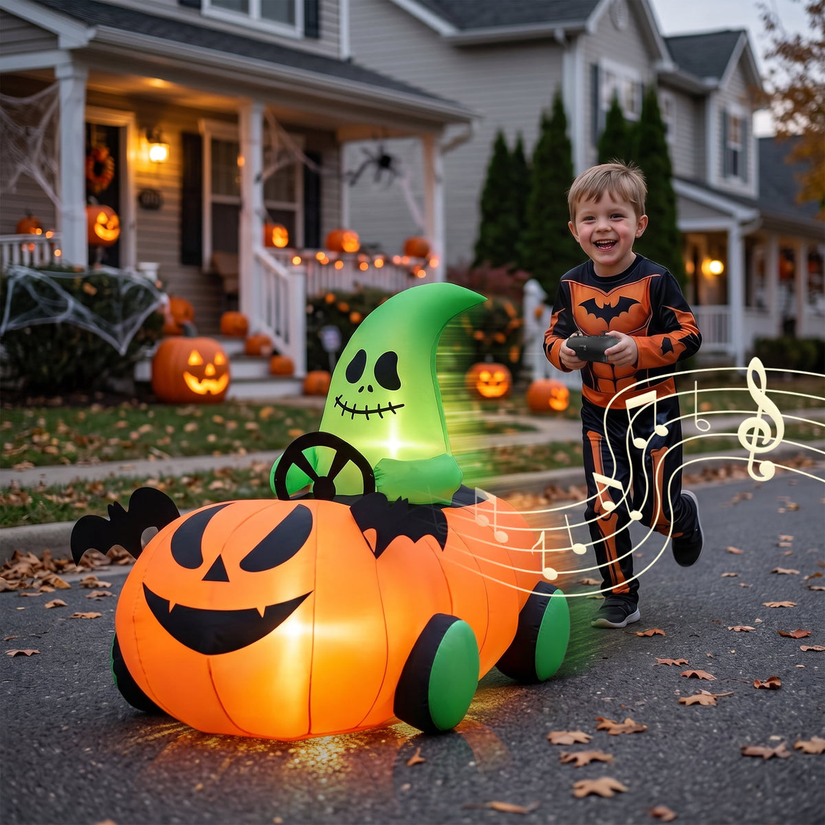 Firstness 2.4GHz Remote Control Halloween Inflatable Car Blow ups Pumpkin Ghost Rc Car,3 Music and LED Lights,360° Rotation,Aged 3+