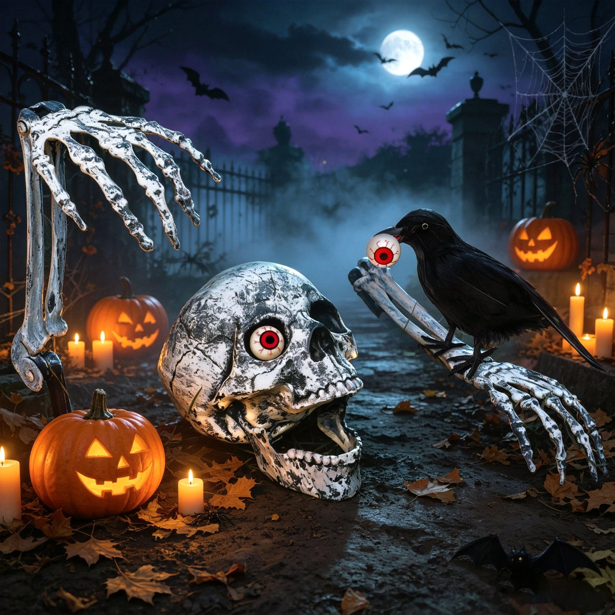 WETRBWEH Halloween Skeleton Stakes with Crow and Red Eyes Garden Halloween Decorations for Lawn Outdoor