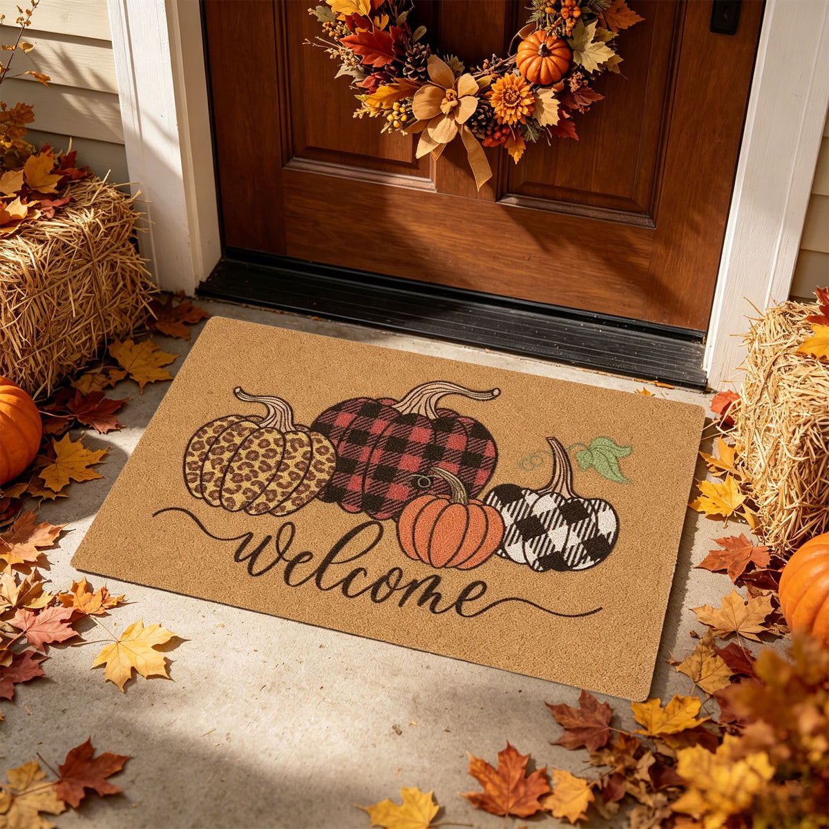Fllostpr Halloween Pumpkin & Crow Welcome Doormat for Front Door, Non-Slip Vintage Brown Coir Floor Mat for Outdoor Porch Entryway Decor,16x24 Inch