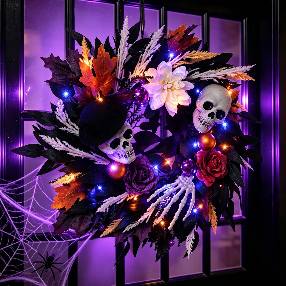 Lyacmy Halloween Wreath for Front Door Halloween Skeleton Decorations, Wreath with Skull Maple Leaves for Window Indoor Outside Home Party Decor