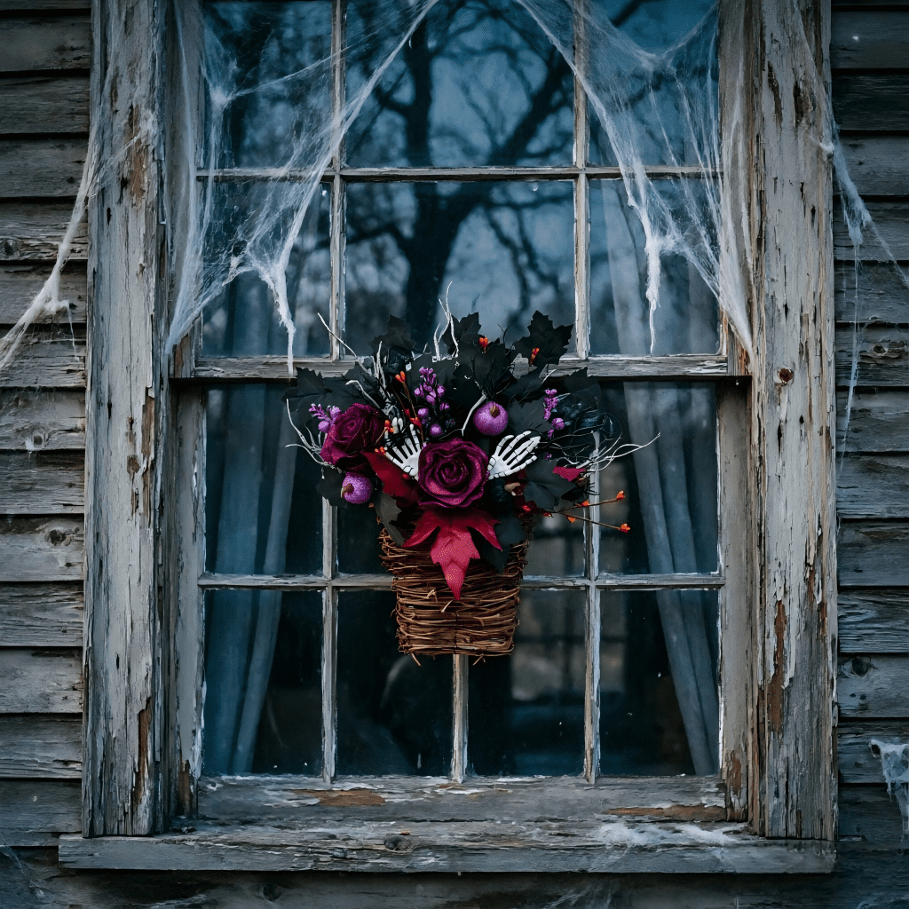 Halloween Wreaths for Front Door 15 Inch Halloween Hanging Basket Decor with Roses & Pumpkins for Wall, Porch, Halloween Party & Gift