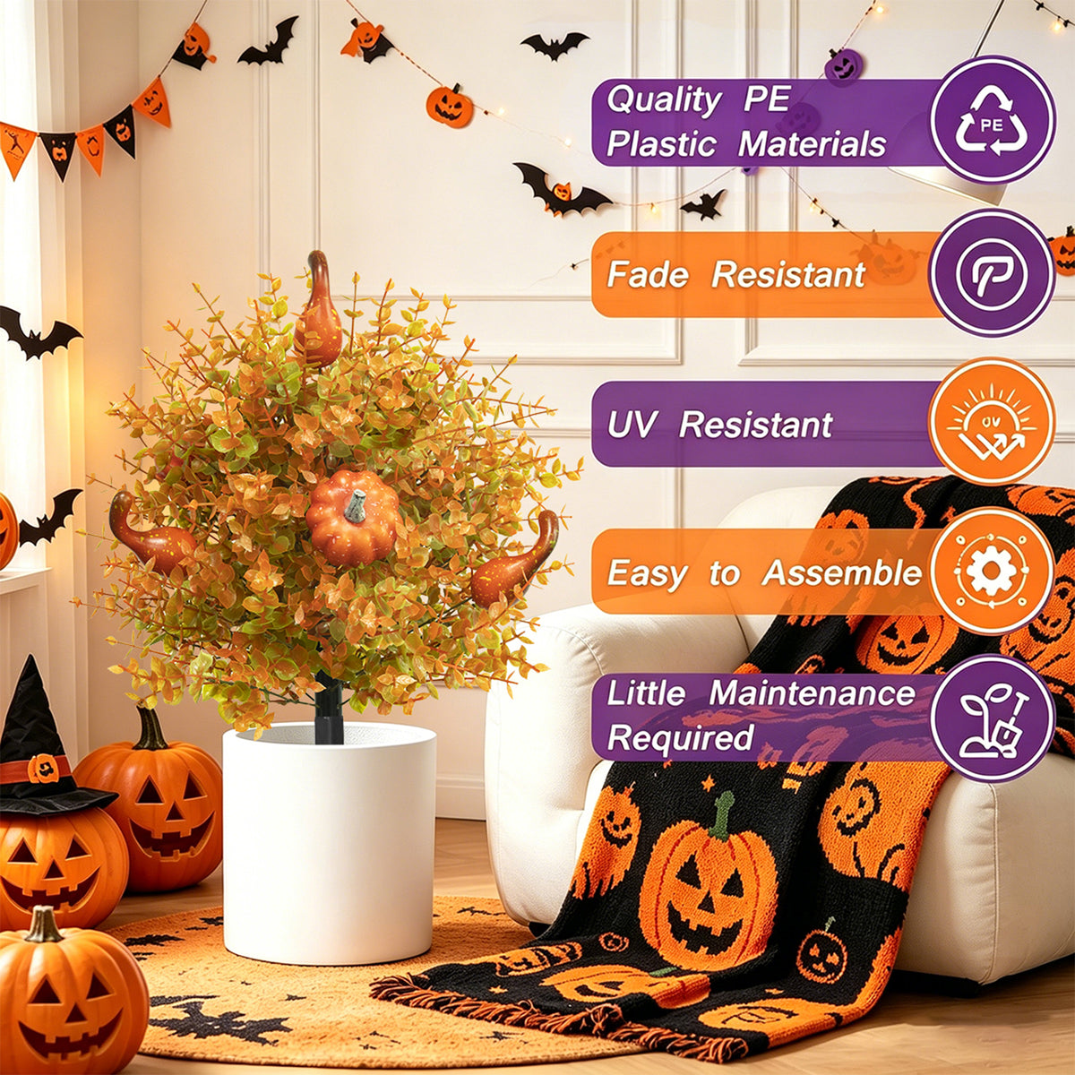 Fall Harvest Pumpkin Eucalyptus Stake, 22 Inch Artificial Halloween Outdoor Decoration, Plastic Floral Arrangement for Garden Pathway Yard