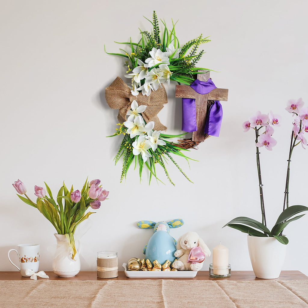 XEOVHV Easter Wreath, Cross Door Sign Easter Door Sign， Easter Wooden Wreath Hanging Sign Christian Floral Easter Decor 13.8 x 13.8 Inch Jesus Wreath Door Hanger for Front Door Wall Decor
