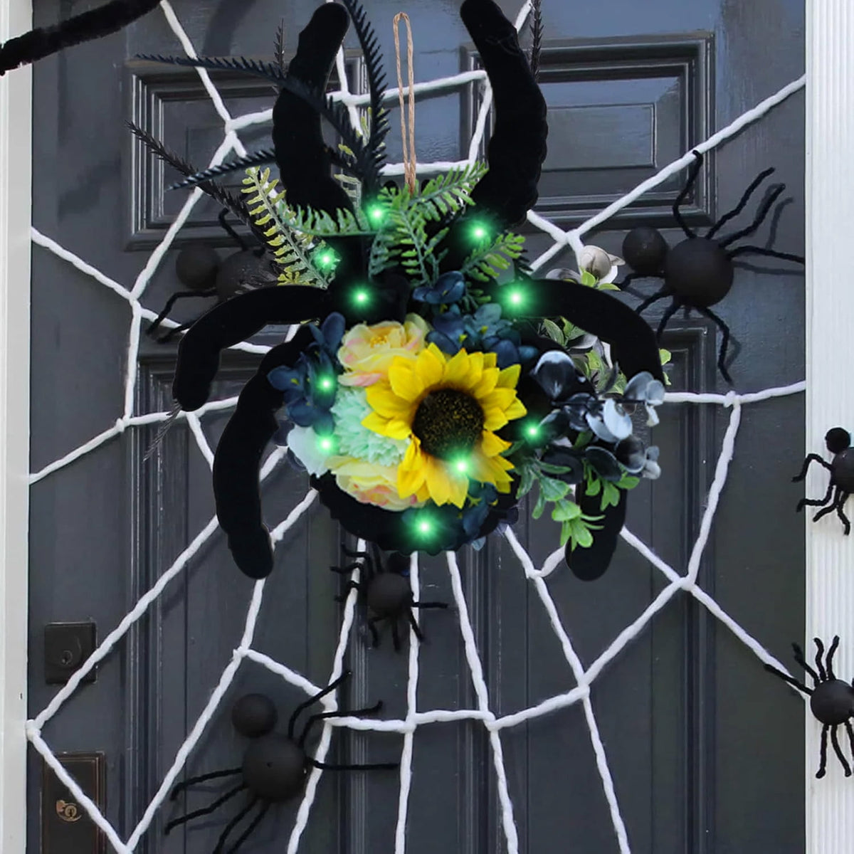 Halloween Door Hanger Wreath Spider Decorations, 30cm Halloween Party Cute Spider Artificial Flower Wreaths Decor with Lights for Front Door Farmhouse Porch Wall Decor Outdoor,Halloween Decorations