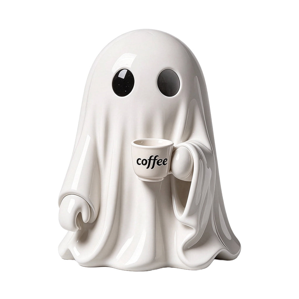 Halloween Ghost Figurine, Ghost Girl with Pink Bow & Hot Drink, Funny Ghost Statue Halloween Decor for Gift, Cute Spooky Tabletop Ornament for Home, Mantle, Desk & Party Decoration