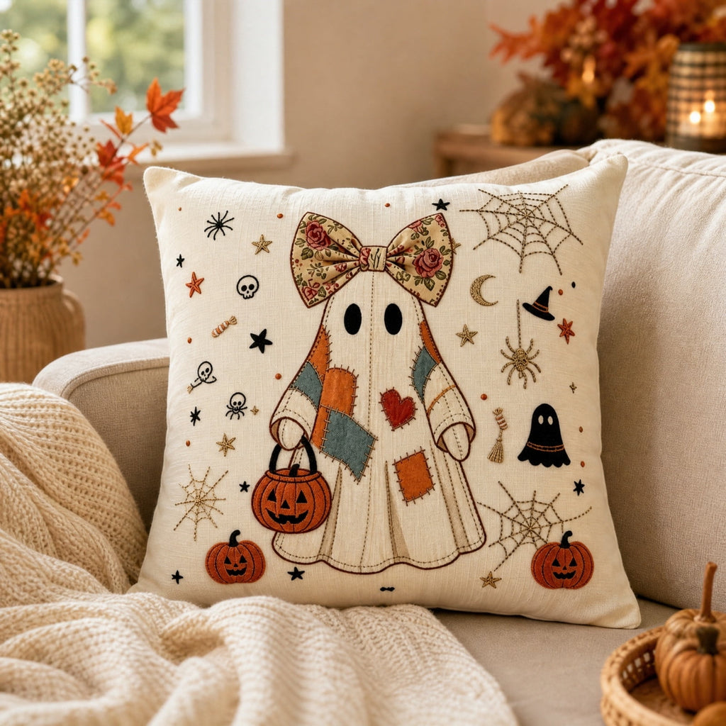 Cute Reading Ghost Plush Throw Pillow, Halloween Book & Pumpkin Bucket Ghost Stuffed Cushion, Spooky Season Decorative Pillow, for Sofa, Bedroom, Party Decor