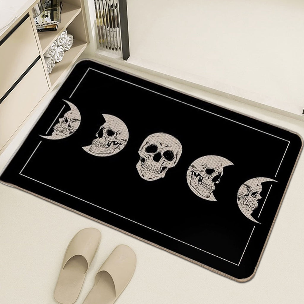 Halloween Doormat, Black Diatom Mud Rubber Base Mat, Non Slip Quick Dry Absorbent, Skull Moon Phase Decor for Outdoor Entryway Porch Front Door, Durable Easy Clean Floor Rug 17x29 Inch