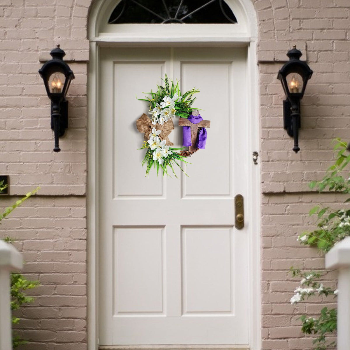 XEOVHV Easter Wreath, Cross Door Sign Easter Door Sign， Easter Wooden Wreath Hanging Sign Christian Floral Easter Decor 13.8 x 13.8 Inch Jesus Wreath Door Hanger for Front Door Wall Decor