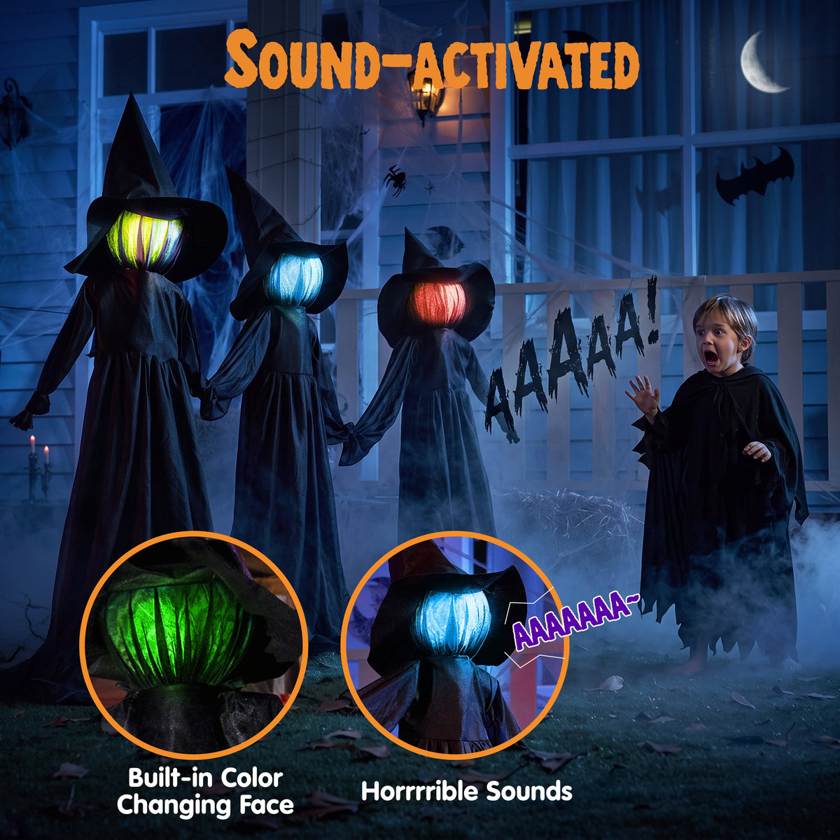 Joyfy 3 Pack Witches Halloween Decorations Outdoor, 51" Sound Activated Light Up Flying Witch Stakes with Color Changing Face & Creepy Sound, Life Size Halloween Props for Lawn Grave Party
