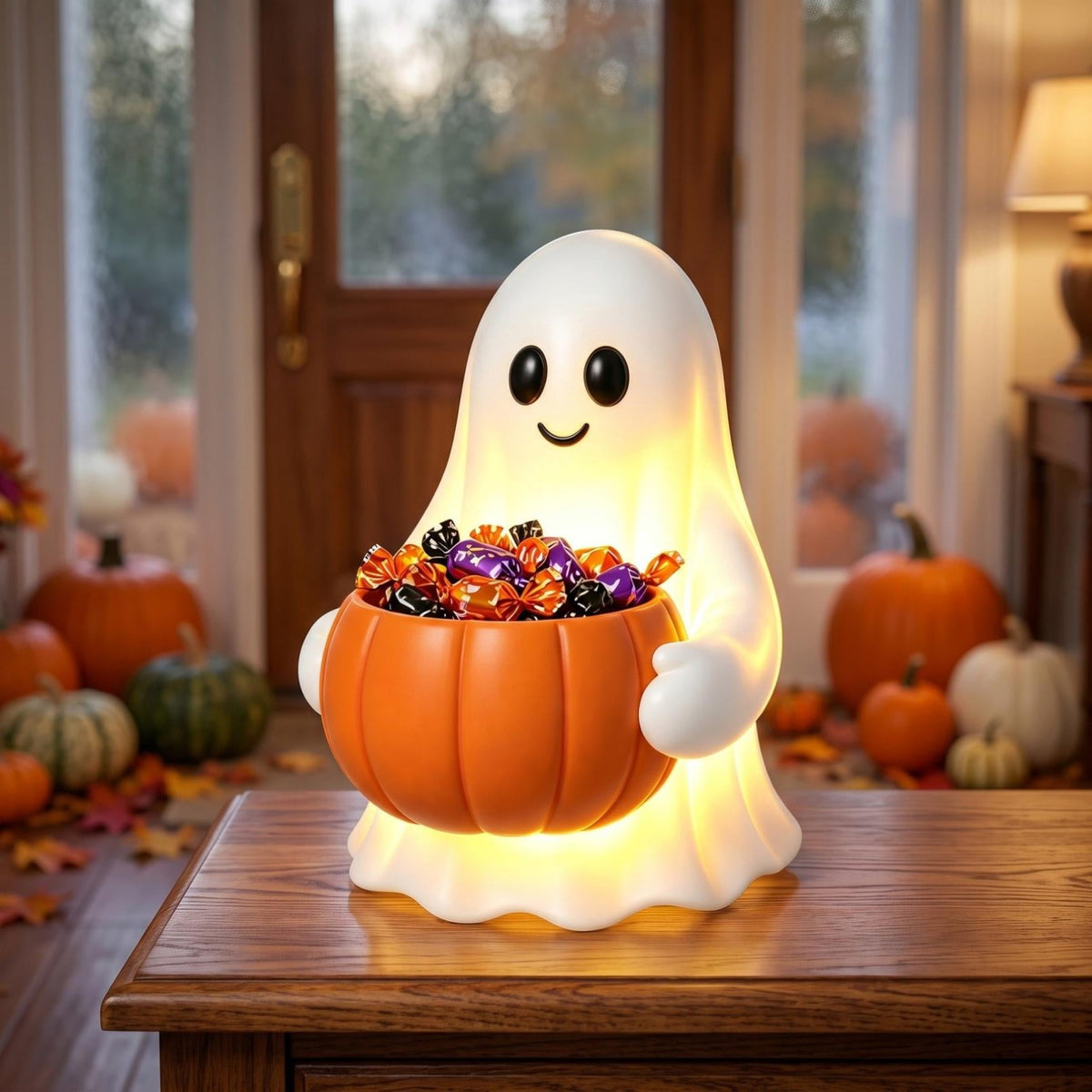 Light Up Ghost Pumpkin Candy Bowl Halloween Decor, Halloween Decorations Outdoor LED Glowing Ghost Candy Pumpkin Bowl, Fall Front Porch Yard Indoor Table Ghosts Treat Bowls Decor