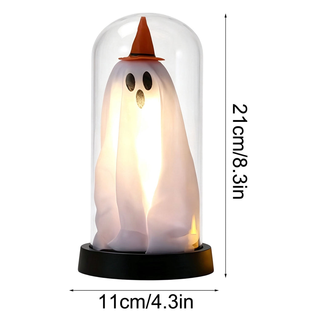 Orangide Halloween Ghost Cloche Night Light Fabric Ghost Lamp with Glass Dome for Mantel Shelf Spooky Party and Home Decor Ornament