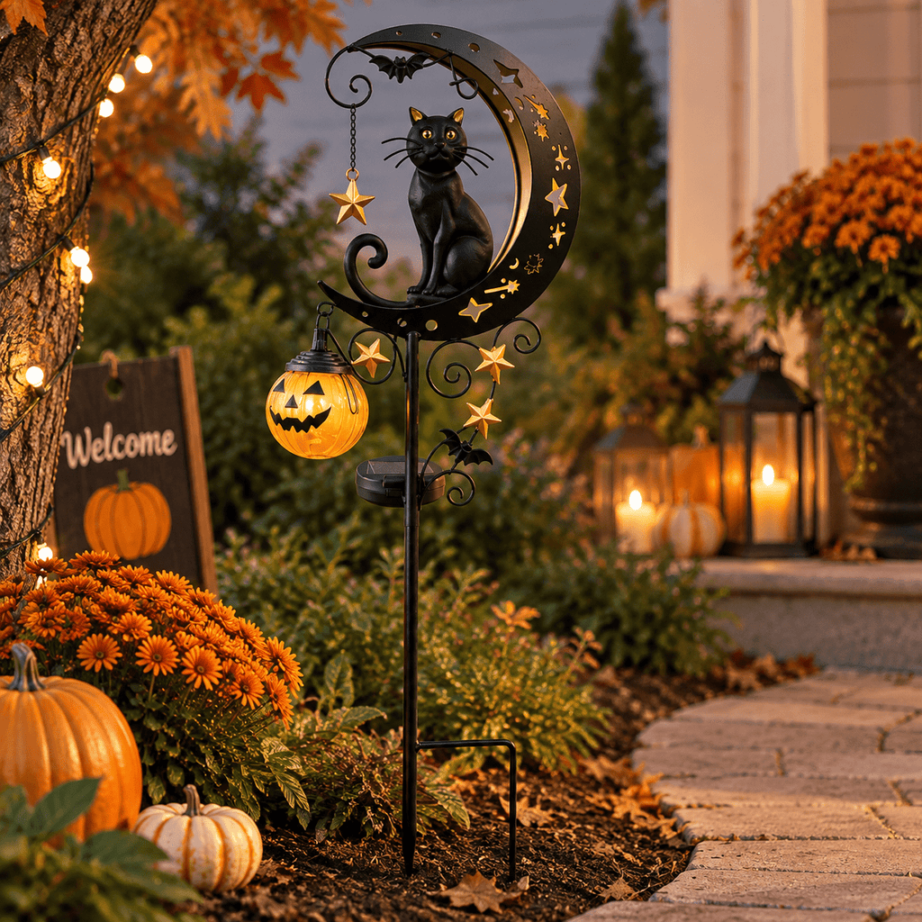 Halloween Crescent Moon Pumpkin Solar Stake Light, Star Hollow Cutout Ground Lamp, Anti Rust Halloween Decorations Party for Yard Walkway black