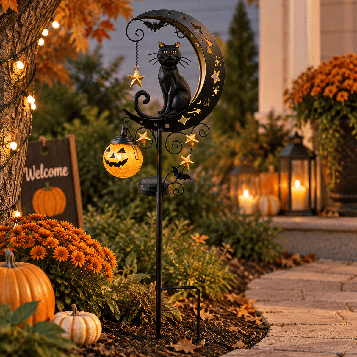Halloween Crescent Moon Pumpkin Solar Stake Light, Star Hollow Cutout Ground Lamp, Anti Rust Halloween Decorations Party for Yard Walkway black