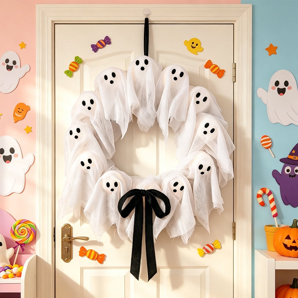 Halloween Decorations Outdoor Cute Ghost Wreath, Halloween Decor Indoor, For Front Door Porch Window Wall