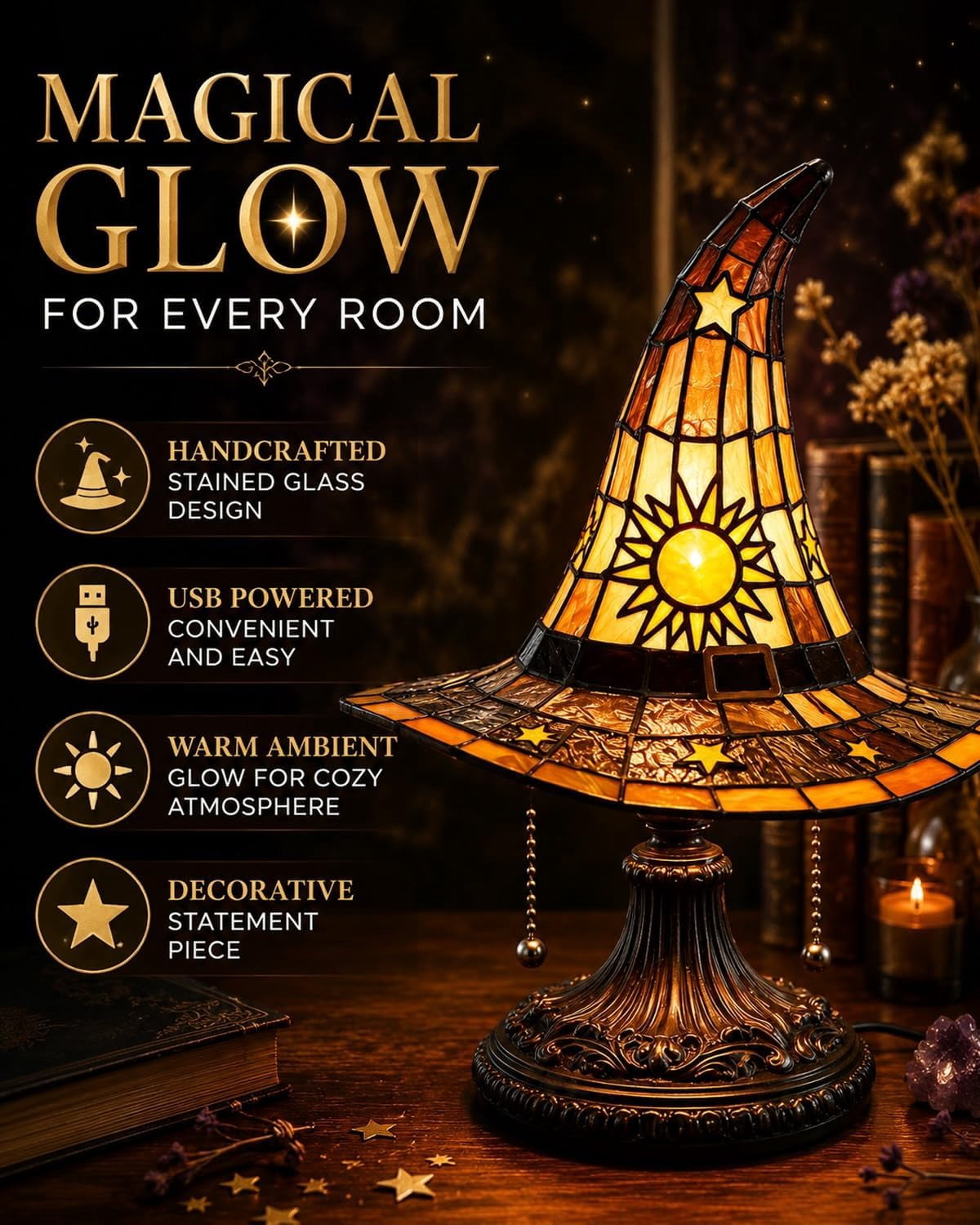 Clearance Witch Hat Lamp, Halloween Nigh Light Handcrafted Retro Resin Witch Hat Light, Usb Powered, Gothic Halloween Decorations for Bedroom