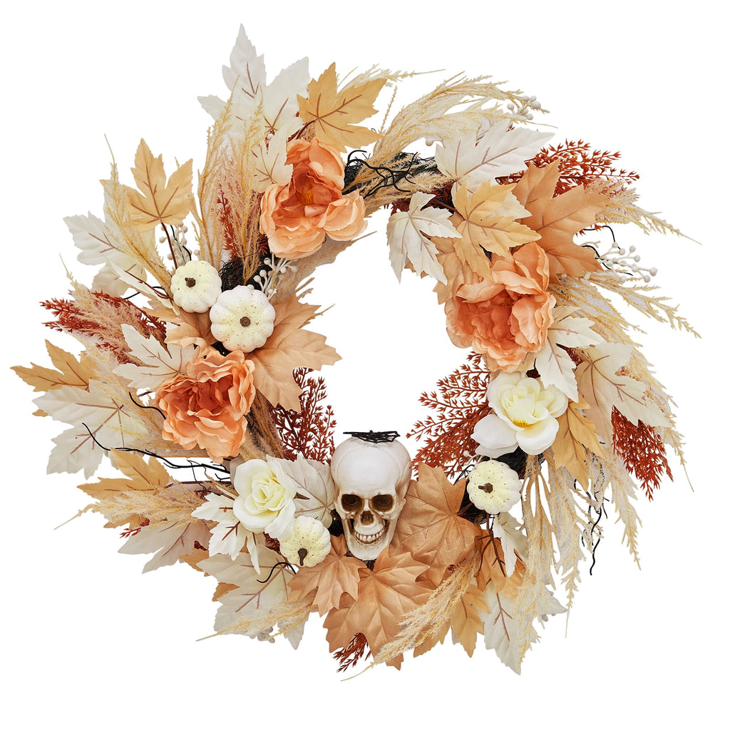 Prelit Halloween Wreath 22 Inch with Bone and Pumpkin Decor Maple Leaves Roses Spooky Fall Indoor Outdoor Wall Porch Window Front Door Decoration