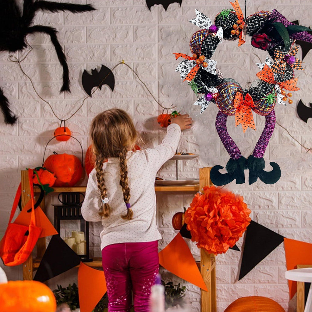 XGFHYJEH Halloween Front Door Wreath 17.71 Inch Halloween Wreath With Witch Hat Foot Wreath For Door Porch Window Indoor Outdoor Decorations Halloween Home Party