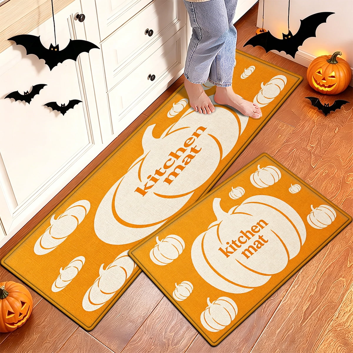YIMEIS Halloween Orange Ghost Pumpkin Black Cat 1Pc Flannel Mat & Kitchen Rugs,Soft Non-slip,16''×24'' Inches,for Entryway Bathroom