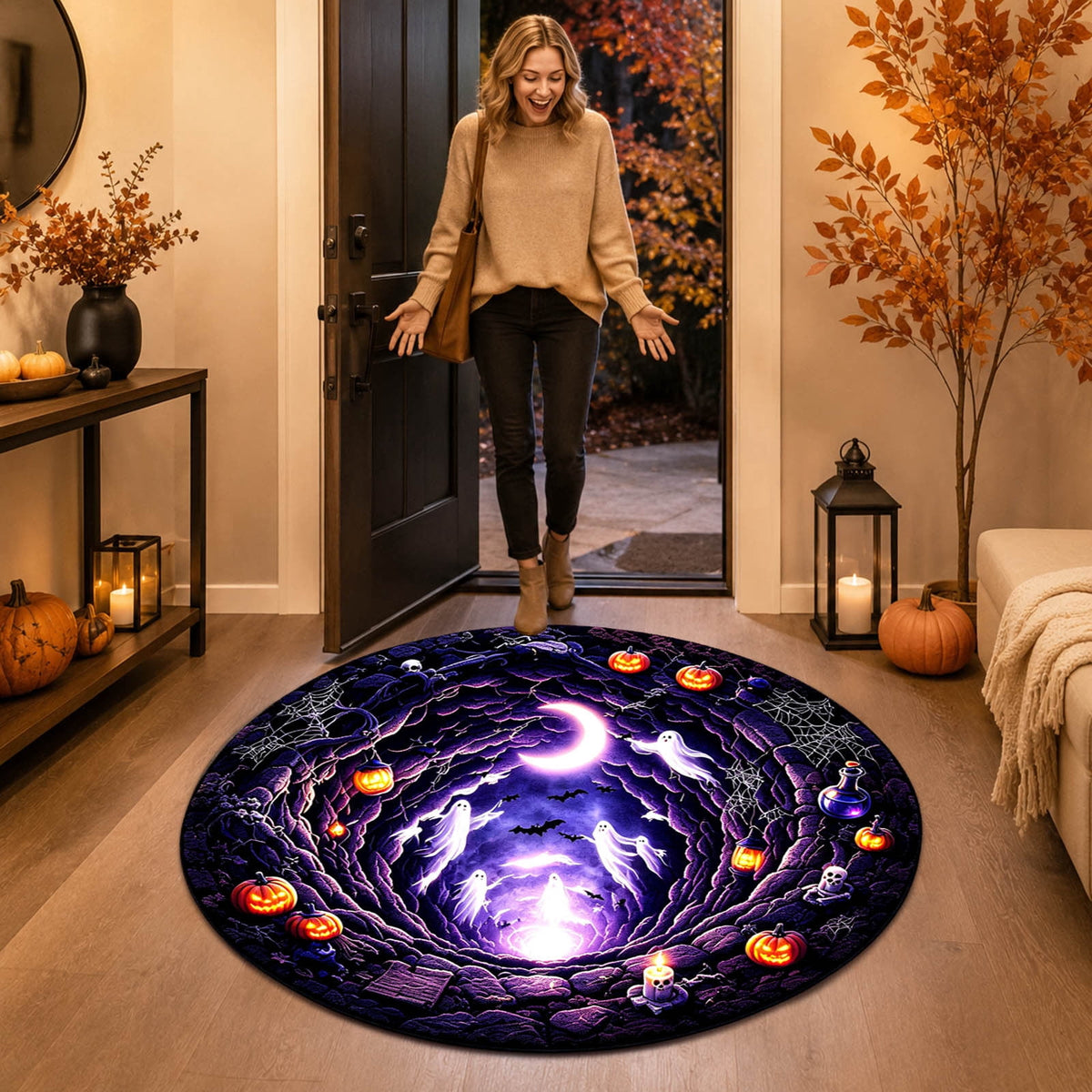 Win s Way 3D Illusion Round Halloween Rug Optical Illusion Doormat Non- Washable Entryway Decor Spooky Fall Front Door Mat for Party Decoration Available in 15.8/23.6/31.5 Inch