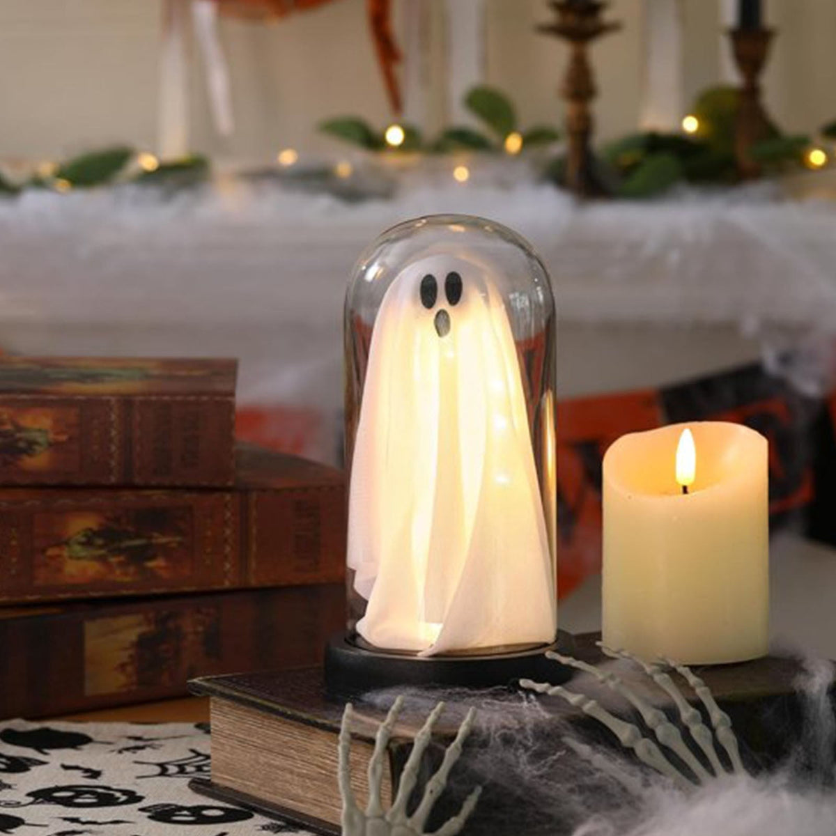 Orangide Halloween Ghost Cloche Night Light Fabric Ghost Lamp with Glass Dome for Mantel Shelf Spooky Party and Home Decor Ornament