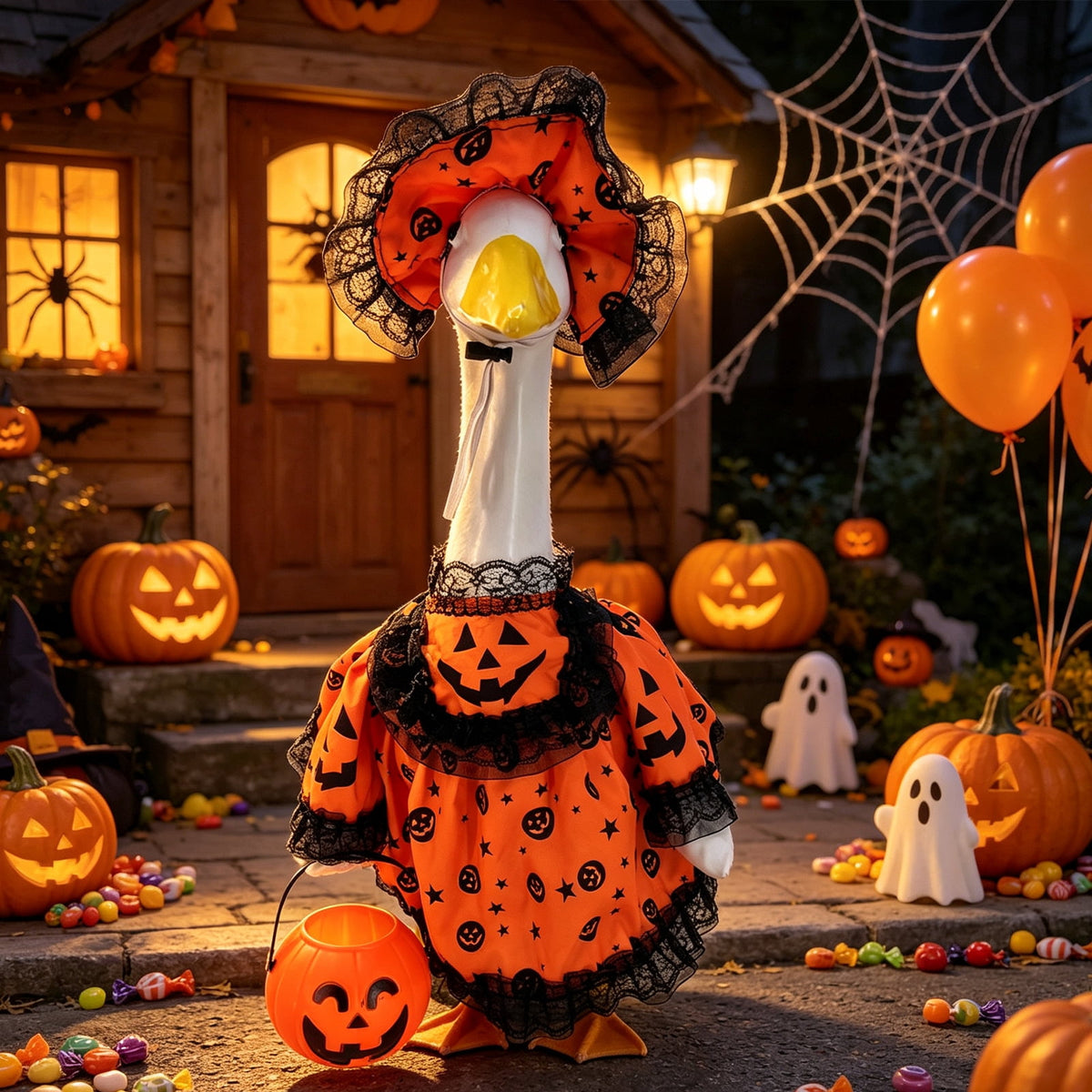 Halloween Ghost Porch Goose Outfit Fits 23 Inch Cement Lawn Goose Statue Pumpkin Face Ghost Costume with Matching Witch Hat for Fall Outdoor Garden Yard Patio Holiday Decor