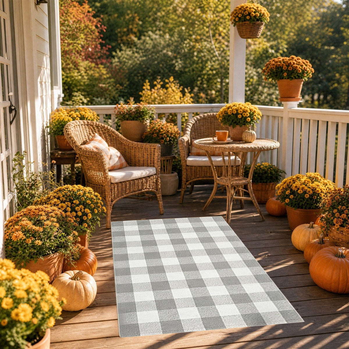 Orange Plaid Fall Outdoor Mat, Hand-Woven Porch Rug for Thanksgiving Halloween Door Decor