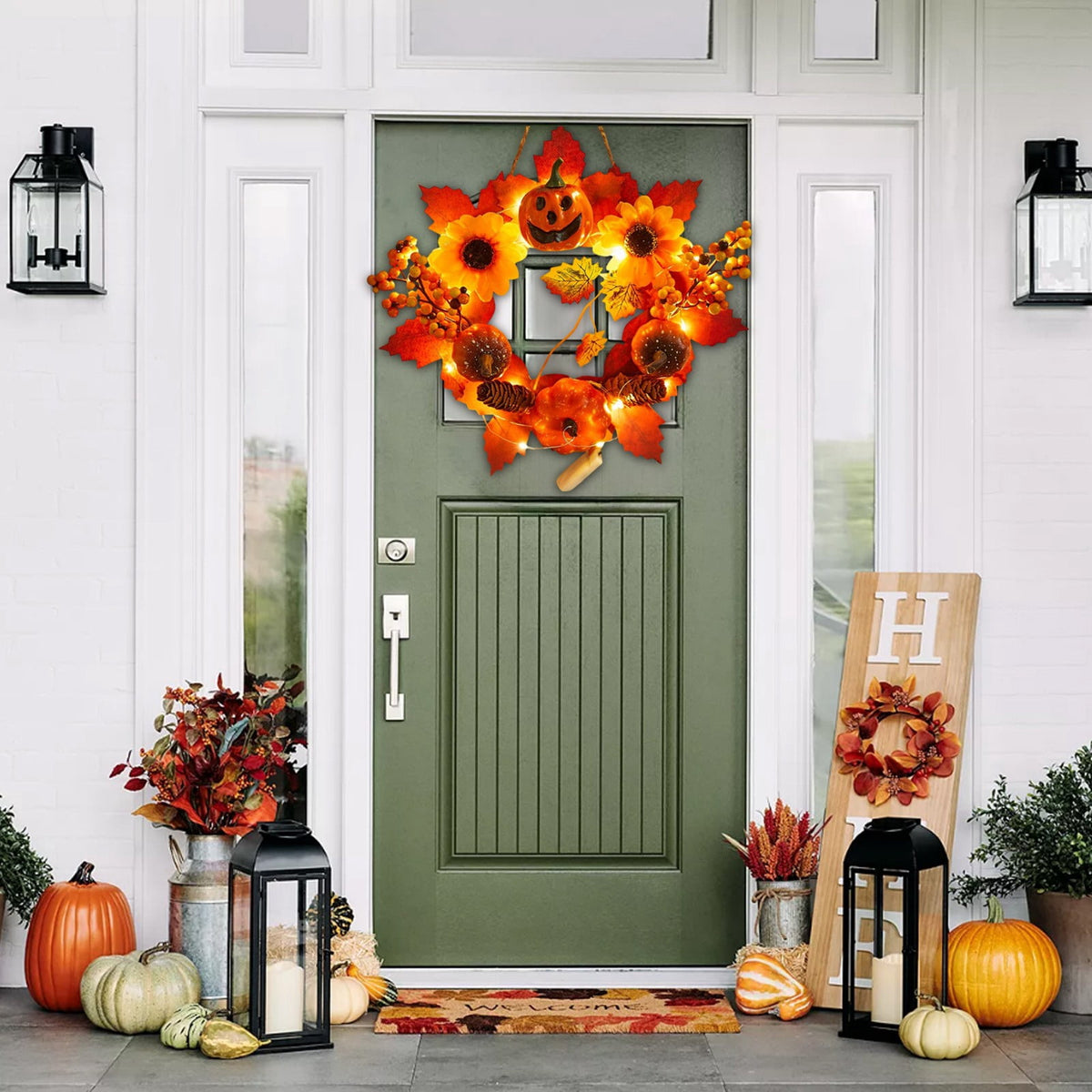 Halloween Wreath Festival Decoration Maple Leaf Pumpkin Wall Hanging Arrangement Harvests Festival Door Hanging Fall Decor for Fireplace Porch Table 11.81 in