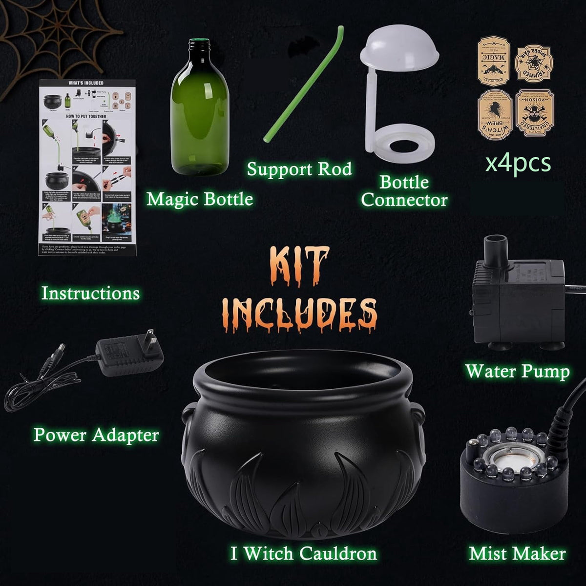 TETOU Halloween Decorations Indoor,DIY Floating Potion Set with Witches Cauldron and Mist Maker,Spooky Black Plastic Cauldron with Skeleton for Halloween Party Home Room Mantel Table Indoor Decor