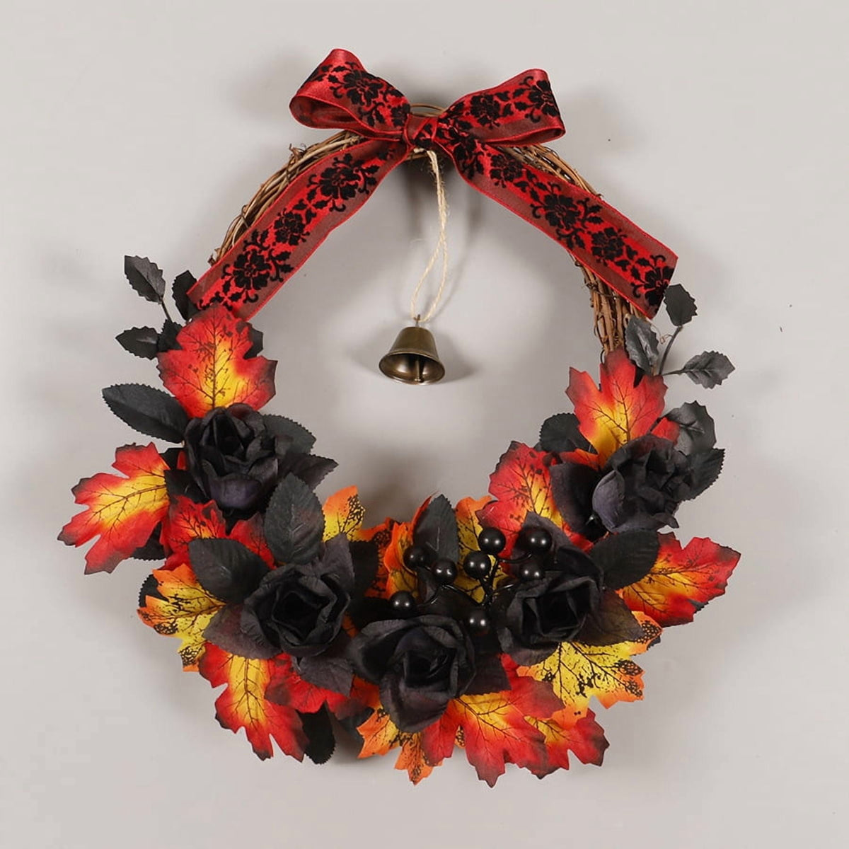 Halloween Wreaths for Front Door,16 inch Black Rose Halloween Wreaths with Lights Berry Maple Leaf Small Bell,Scary Halloween Home Decoration for Indoor,Outdoor,Wall Window,Porch,Garden,Home,Party