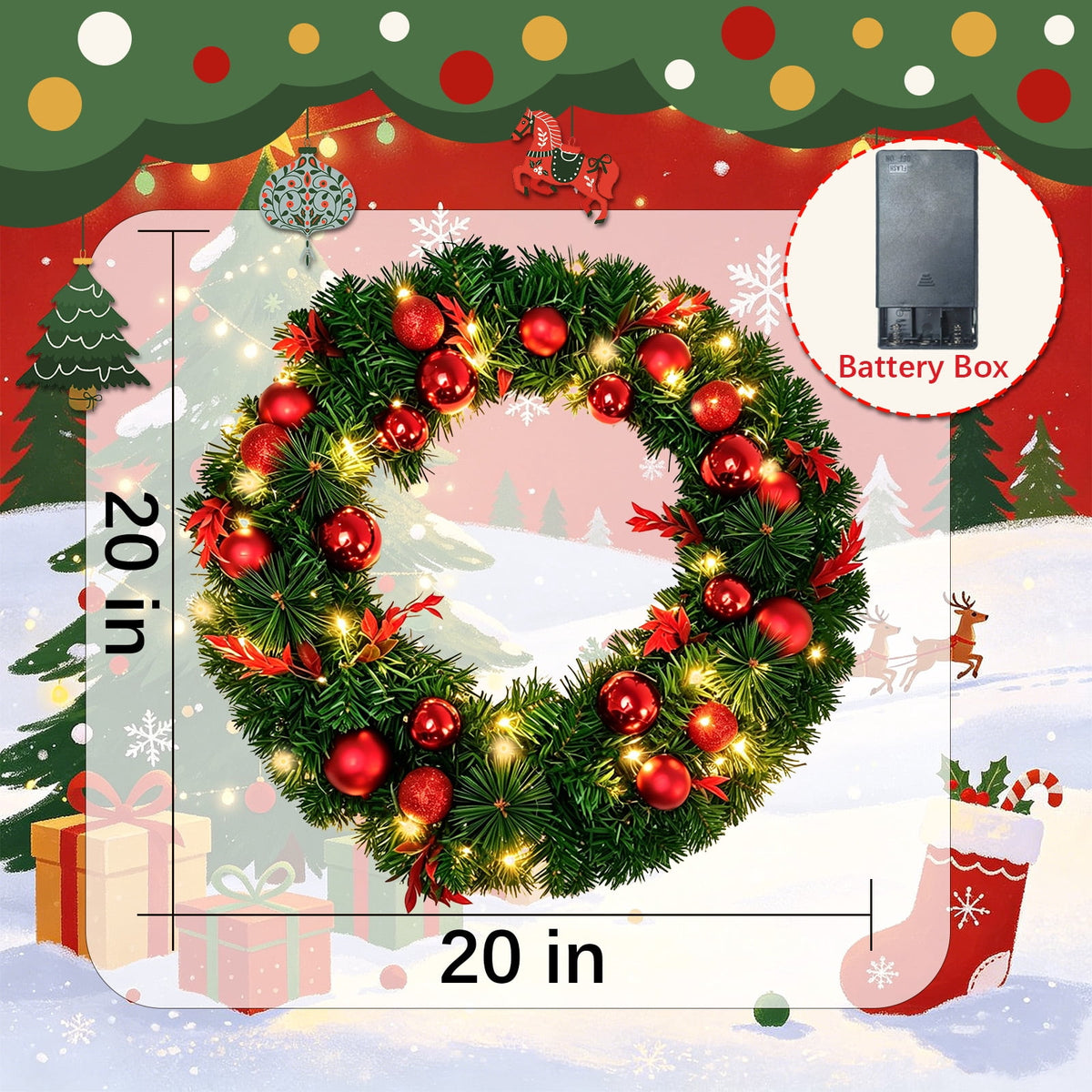 AGCAN 20 Inch Artificial Christmas Wreath, Pre-Lit Christmas Wreath with 50 LED Lights & Red Balls, Christmas Decoration for Front Door, Xmas, Outdoor