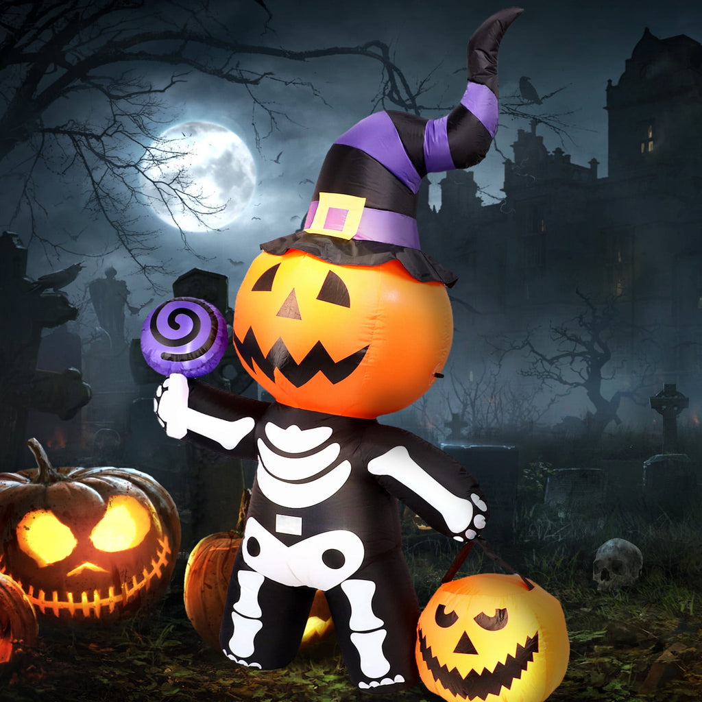 Halloween Inflatables Outdoor, 8FT Long Cute & Lighted Blow Up Decoration Pumpkin Family with Witch Hat, Large Halloween Inflatables Decorations with Lights for Yard, Holiday, Home