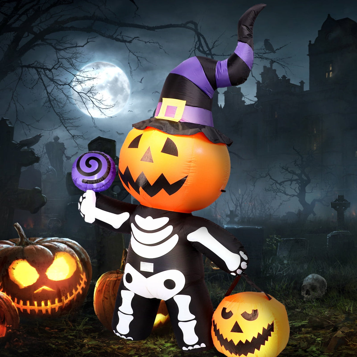 Halloween Inflatables Outdoor, 8FT Long Cute & Lighted Blow Up Decoration Pumpkin Family with Witch Hat, Large Halloween Inflatables Decorations with Lights for Yard, Holiday, Home