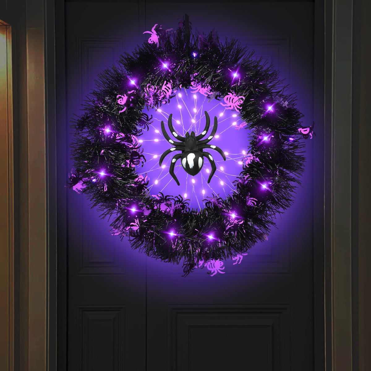 Halloween Spider Garland Front Door Wall Hangings Halloween Horror Party Atmosphere Decoration LED Luminous Wreath