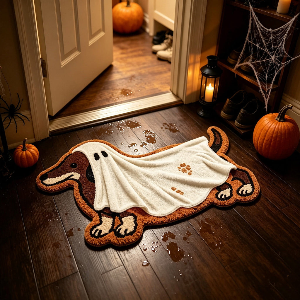 syligr Halloween Dachshund Ghost Doormat for Front Door Entryway, Cute Dog Shaped Welcome Mat with Ghost Print for Porch Patio, Non Slip Floor Decor for Indoor Outdoor Home, 23.6x15.7 Inch