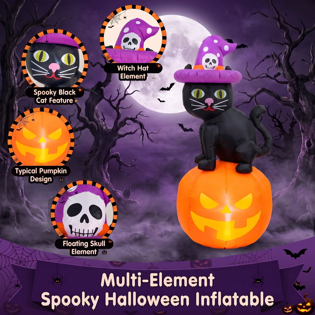 Glazina 6 FT Halloween Inflatable Skeleton on Pumpkin with Witch Hat, Built-In LED Lights, Outdoor Halloween Blow Up Yard Decoration