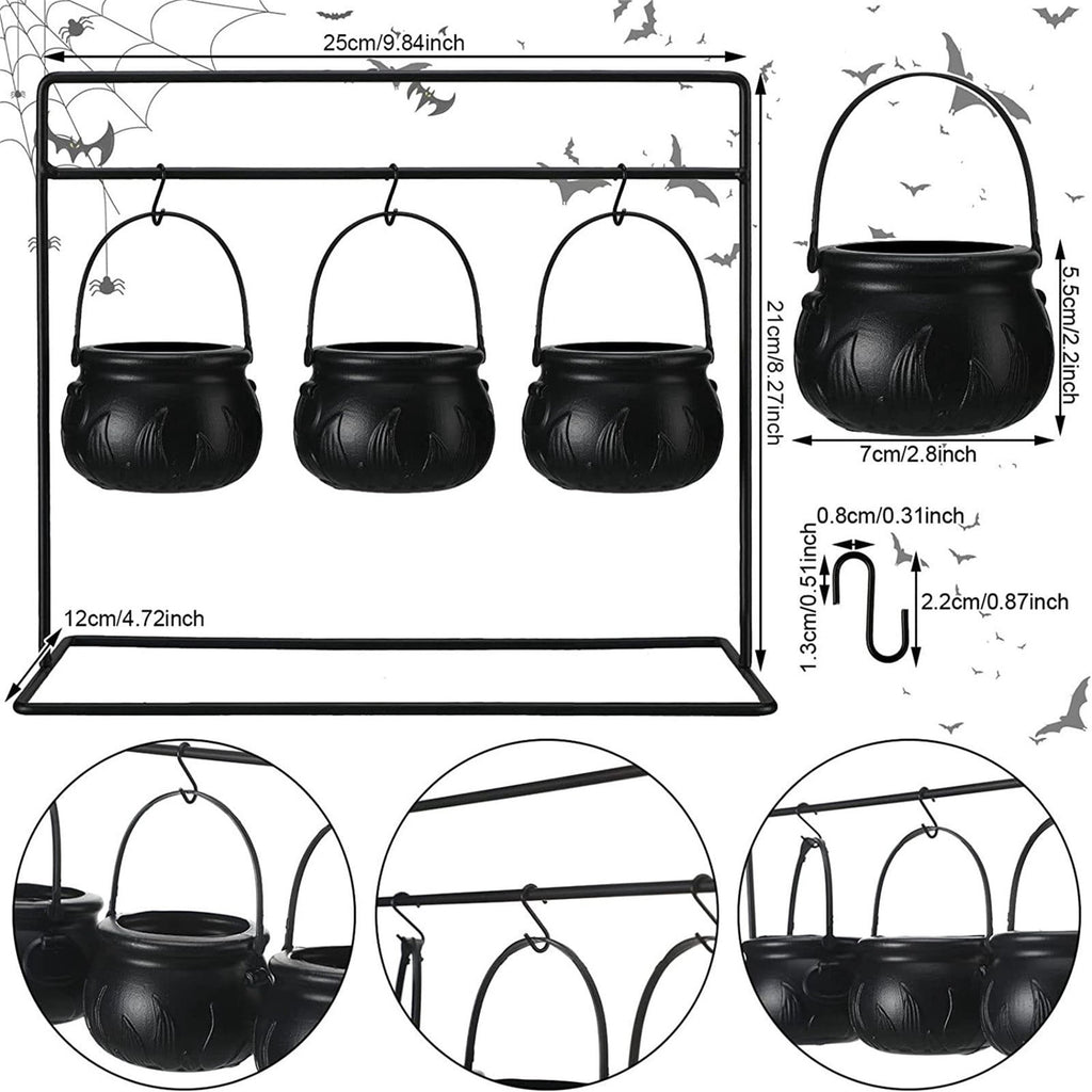 Halloween Witches Cauldron Serving Bowls Set of 3 on Rack - Black , Skeletons, Candy Punch Bowl, for Home Kitchen Indoor Outdoor, Party Decor, for Halloween Supplies