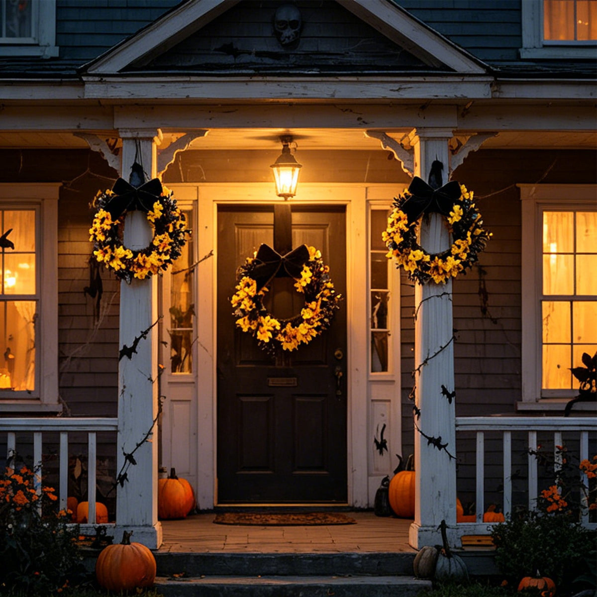Handcrafted Artificial Floral Front Door Wreath with Velvet Bow, Fall Halloween Decor, Circular Garland for Home & Porch, Seasonal Decoration, Festive Wall Ornament